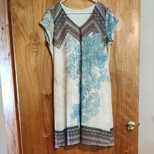 Nurture Boho Mixed Print Dress Aqua Coral Cream V-Neck Sheer Mesh w/ Lining XL